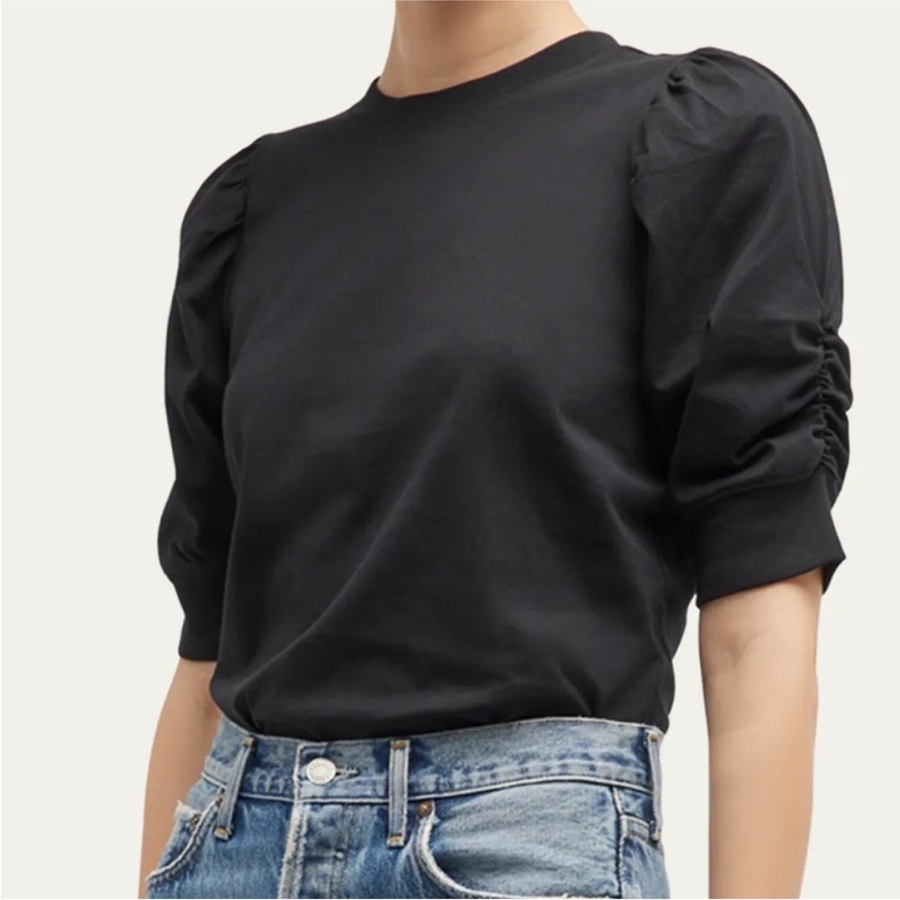 Frame Denim Black Ruched Puff Sleeve Scoop Neck Tee